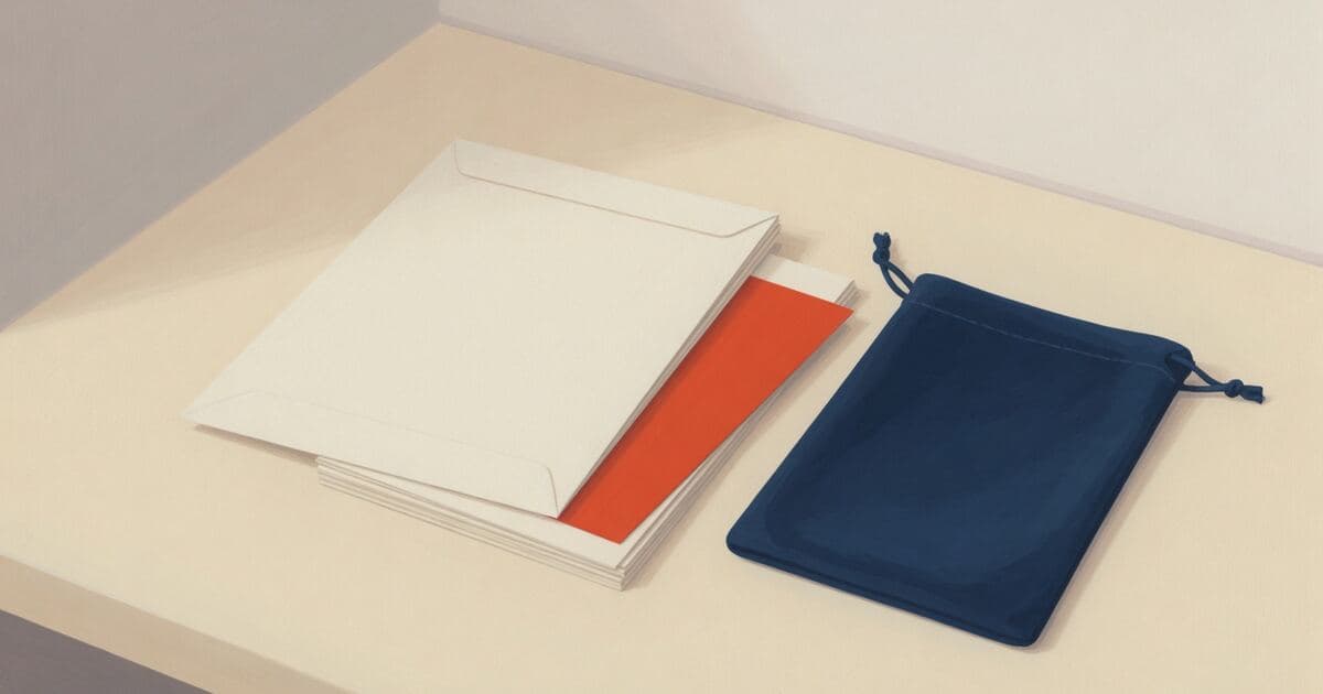 A cream envelope on a stack of slips, a vermilion sheet showing, beside a navy pouch.