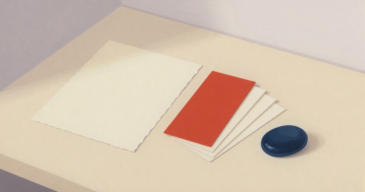 A blank cream notice beside four payment slips, the top one vermilion, and a navy paperweight.