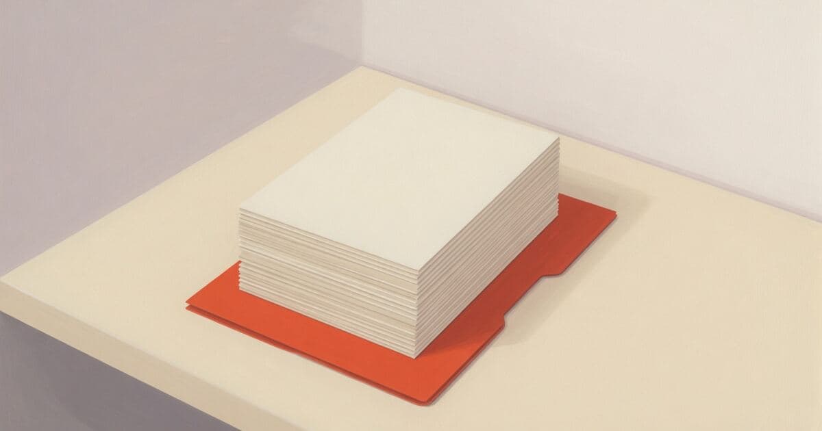 A tall stack of blank cream forms resting on a vermilion folder.
