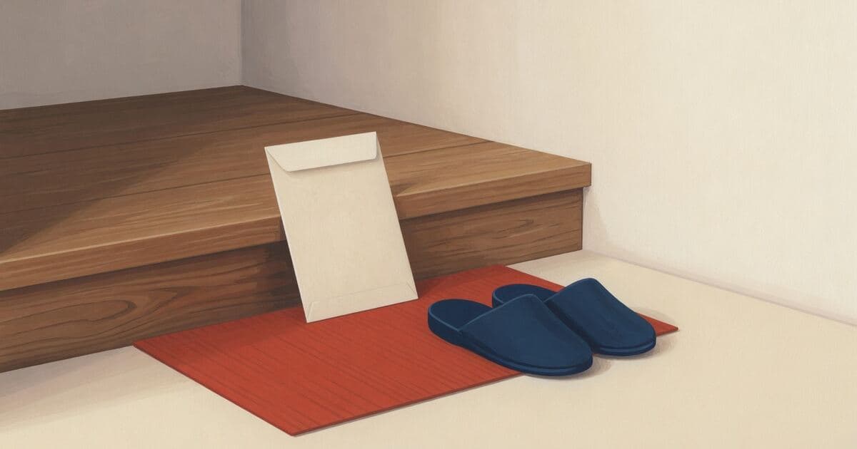 A blank cream envelope leaning on a wooden entryway step, with navy slippers on a vermilion mat.