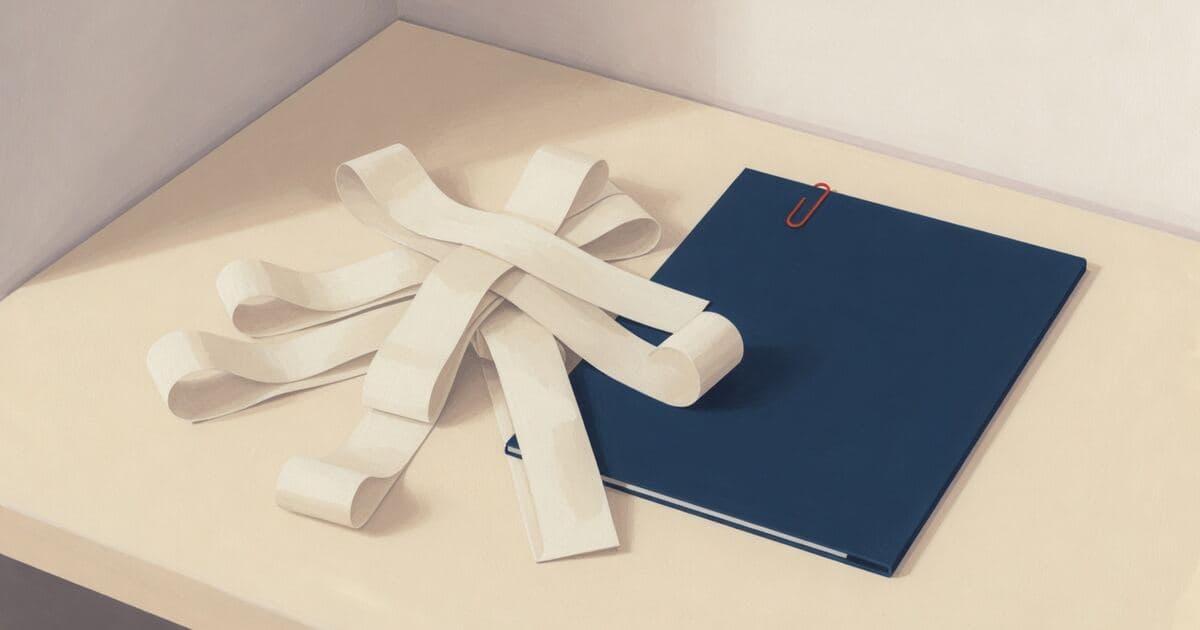 A pile of long blank cream receipt strips beside a navy folder with a vermilion clip.