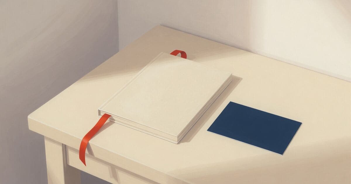A cream booklet with a vermilion ribbon bookmark beside a blank navy card.