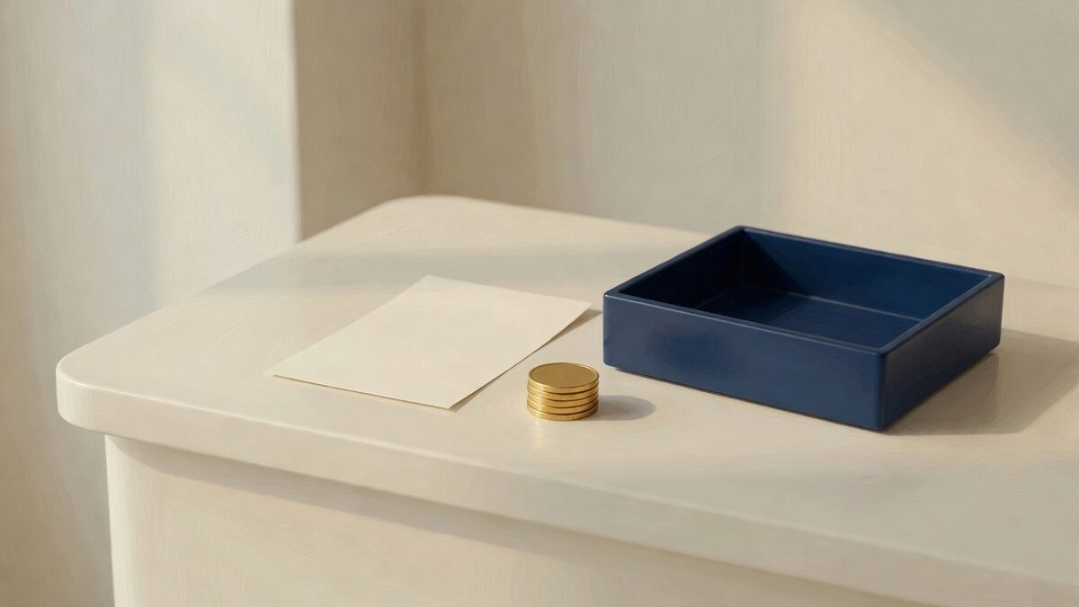 A blank cream slip, a small stack of coins, and a navy tray on a cream counter.