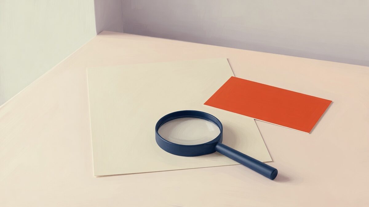 A blank cream notice with a navy magnifying glass and a vermilion slip beside it.